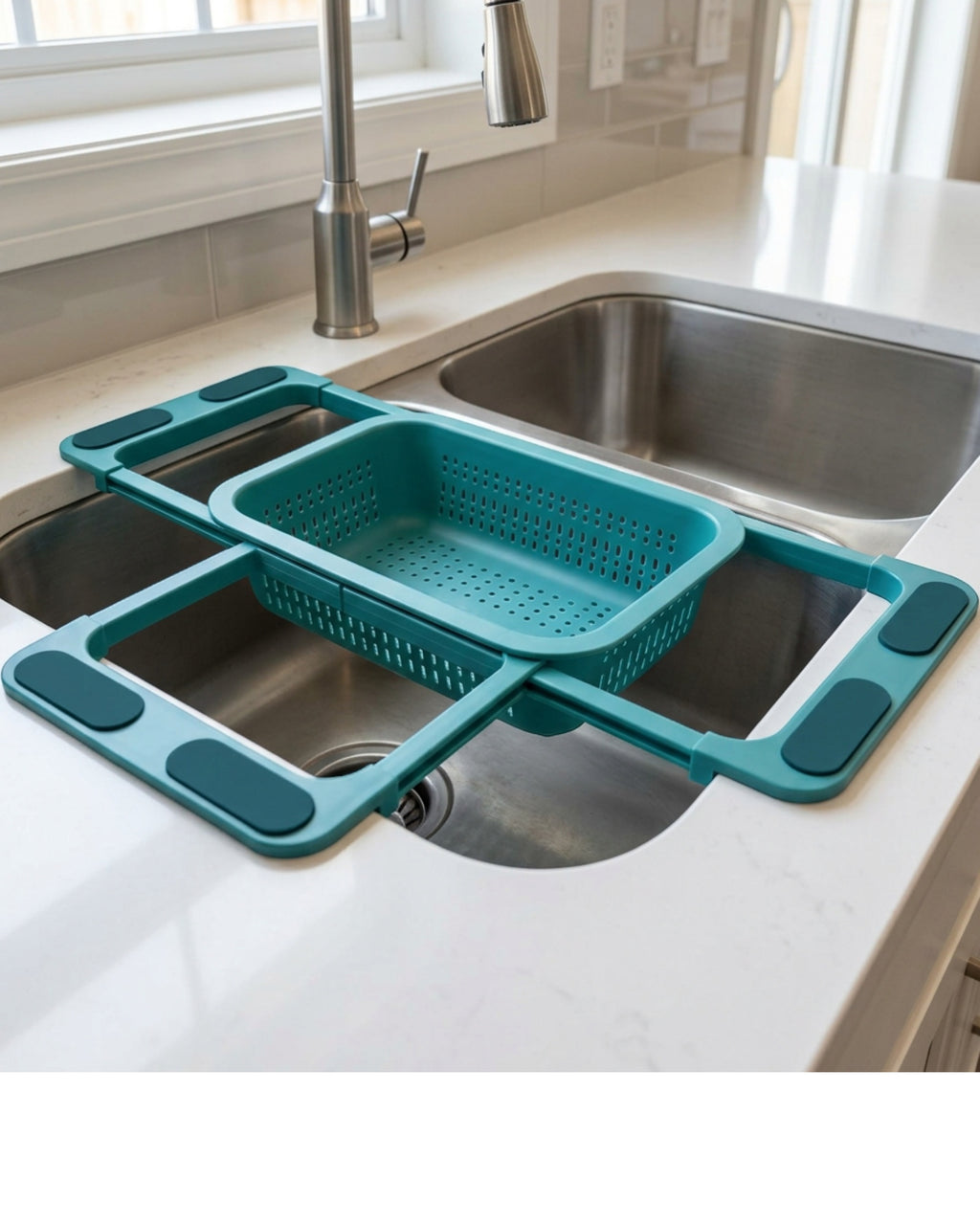 Zocns Expandable Over-Sink Vegetable Colander 36-54 cm Teal - Lifestyle view